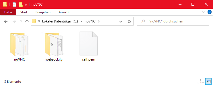 Explorerfenster zeigt auf C:\noVNC
Inhalt erkennbar:
Ordner noVNC,
Ordner Websockify ,
Zertifikat self.pem
